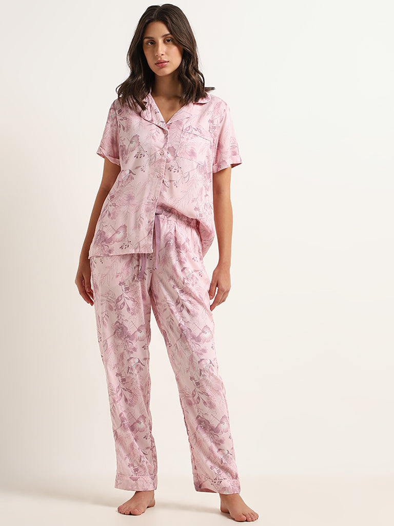 Wunderlove Pink Floral Cotton Shirt and Pyjama Set