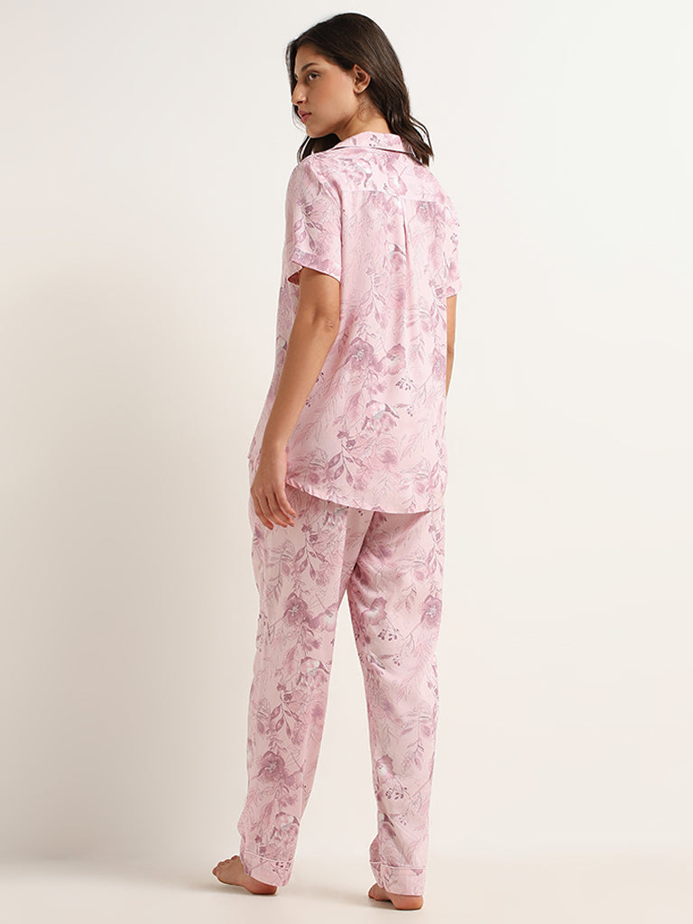 Wunderlove Pink Floral Cotton Shirt and Pyjama Set