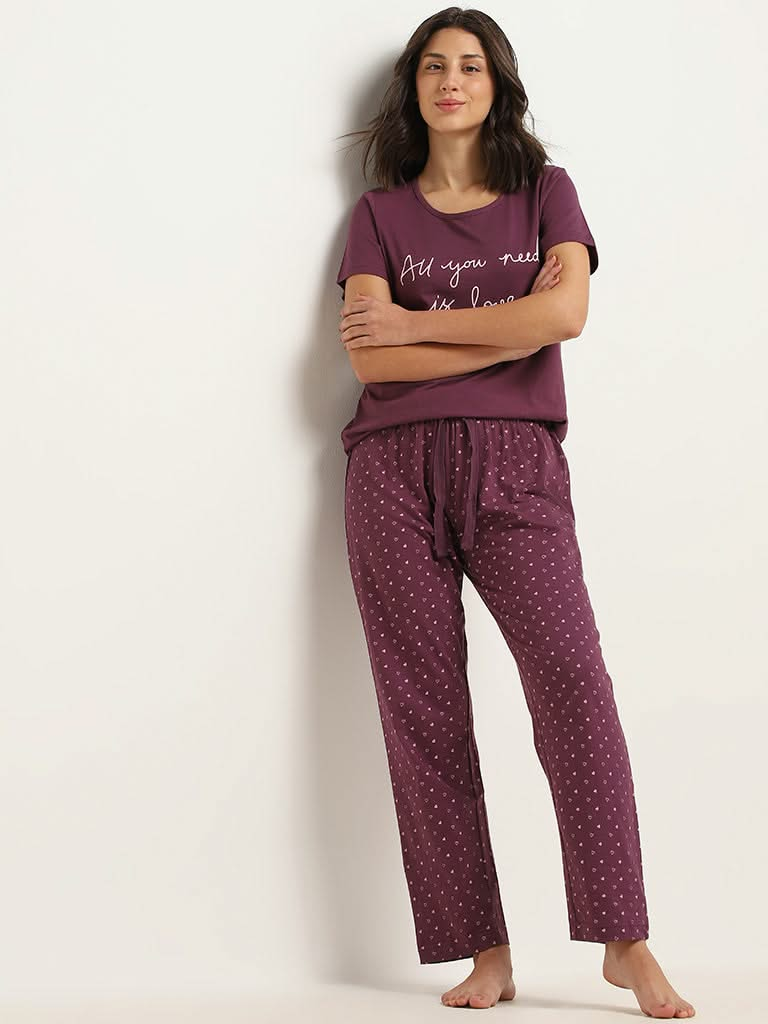 Wunderlove Purple Printed Cotton T-Shirt and Pyjamas Set