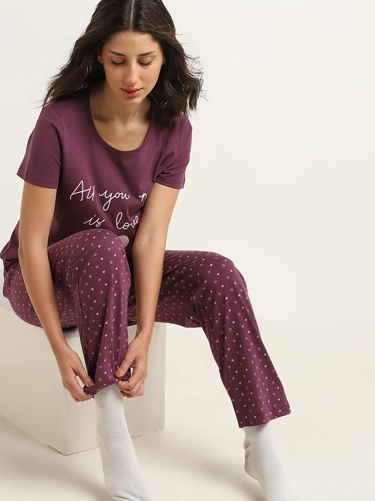 Wunderlove Purple Printed Cotton T-Shirt and Pyjamas Set