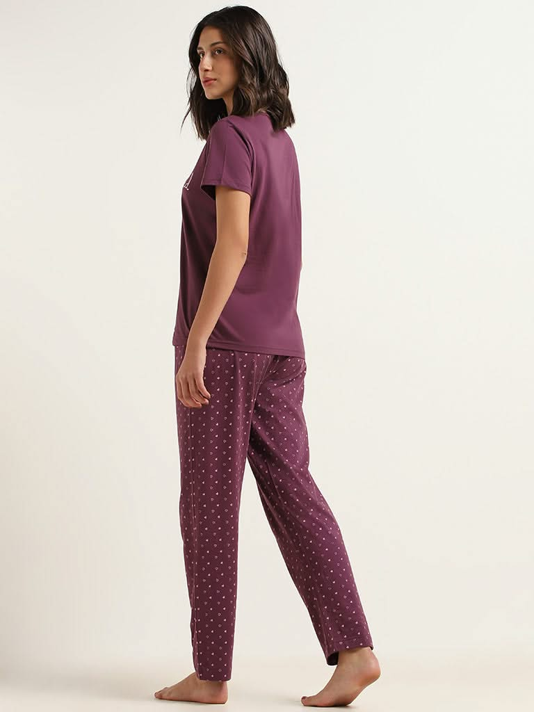 Wunderlove Purple Printed Cotton T-Shirt and Pyjamas Set