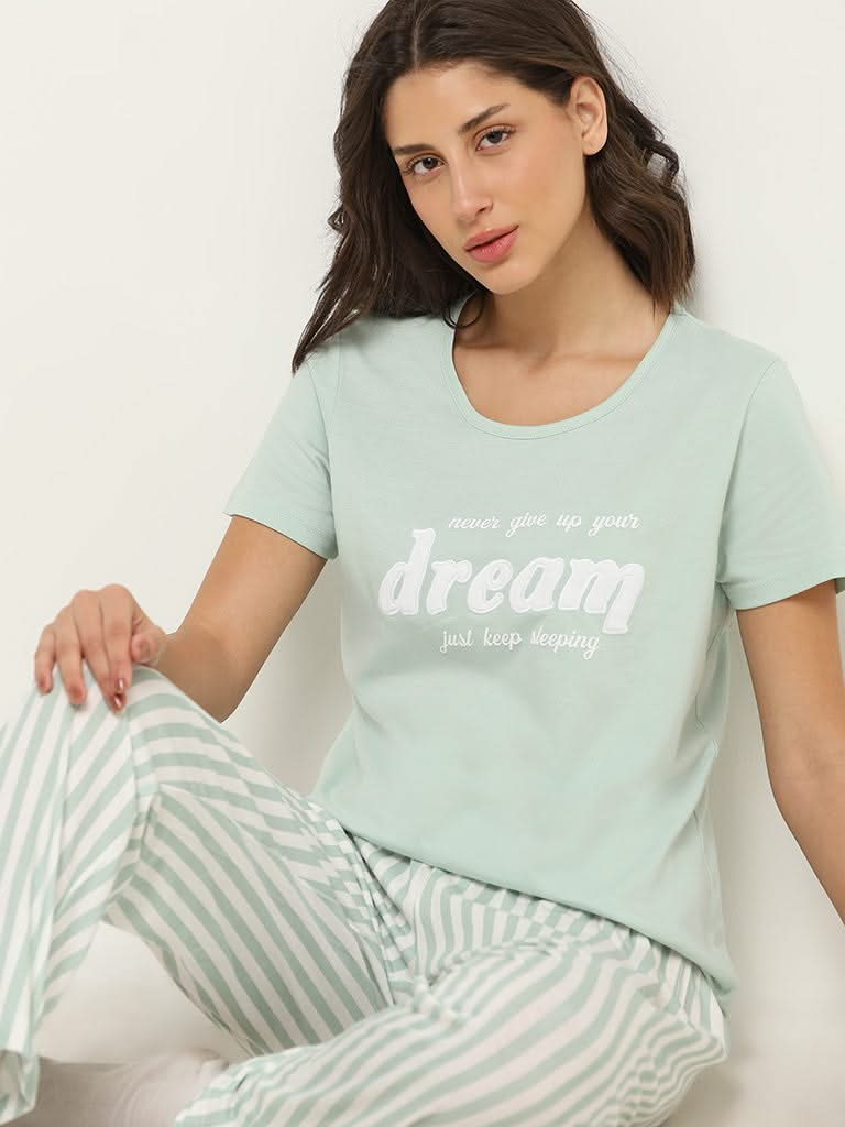 Wunderlove Green Printed Cotton Pyjamas Set In A Bag