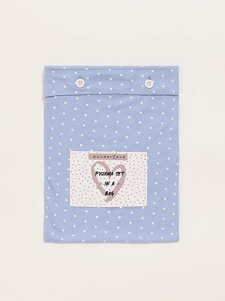 Wunderlove Blue Cotton Polka Dots Pyjamas Set In A Bag