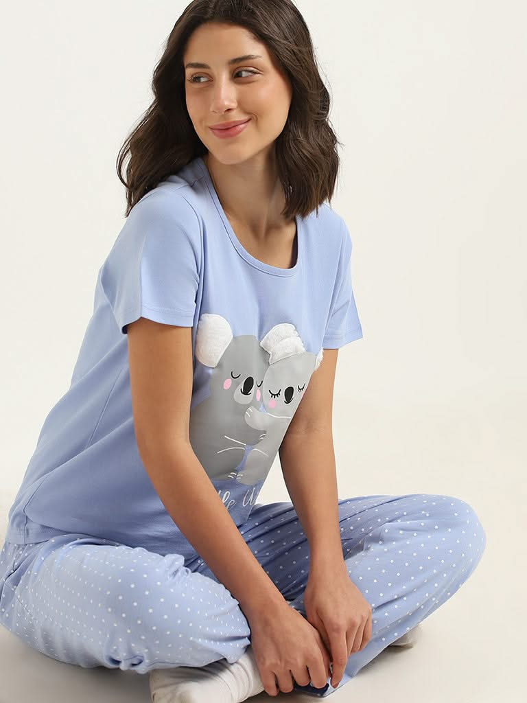 Wunderlove Blue Cotton Polka Dots Pyjamas Set In A Bag