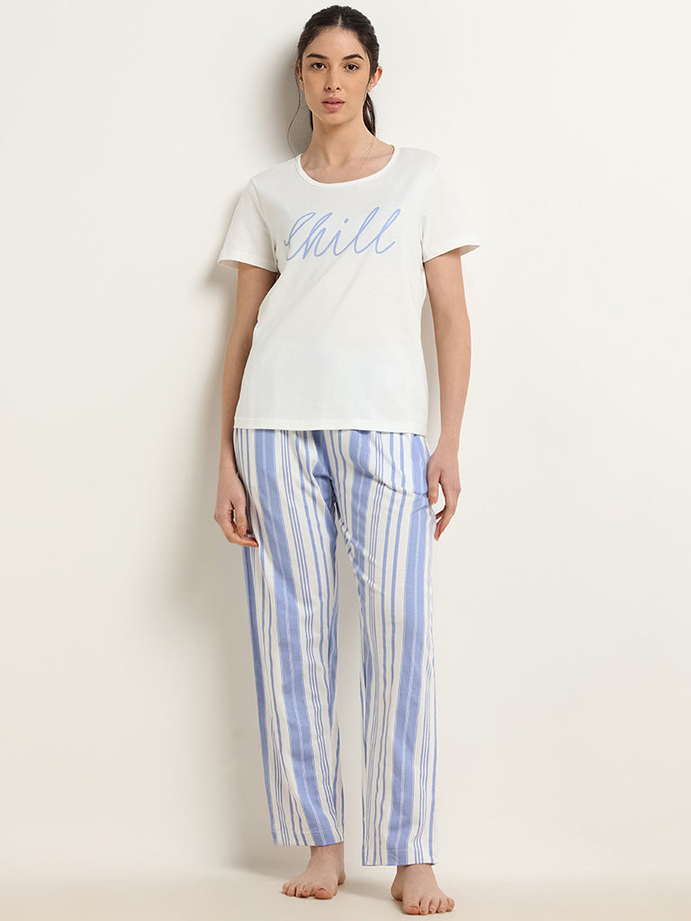 Wunderlove Blue Striped Printed Cotton Pyjamas