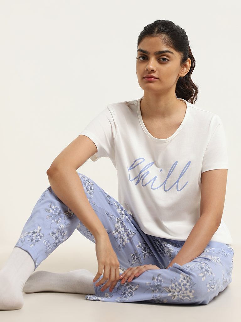 Wunderlove Blue Floral Cotton Pyjamas