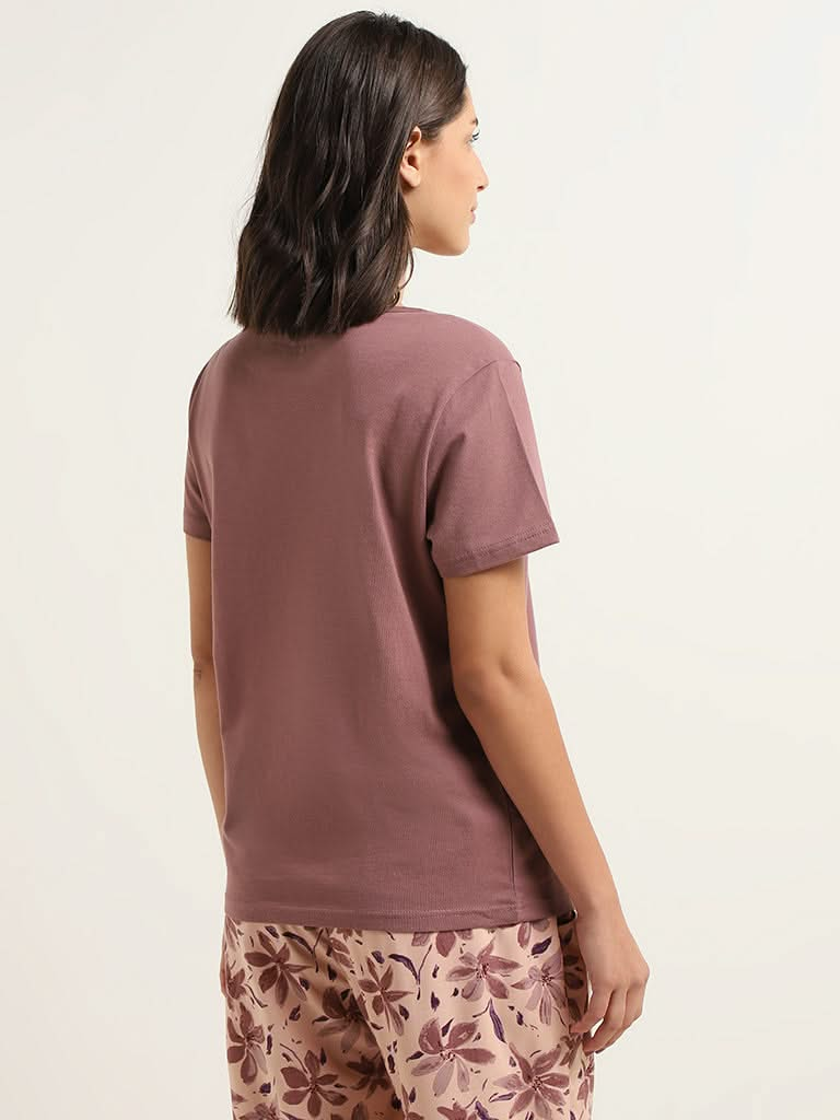 Wunderlove Brown Contrast-Printed Cotton T-Shirt