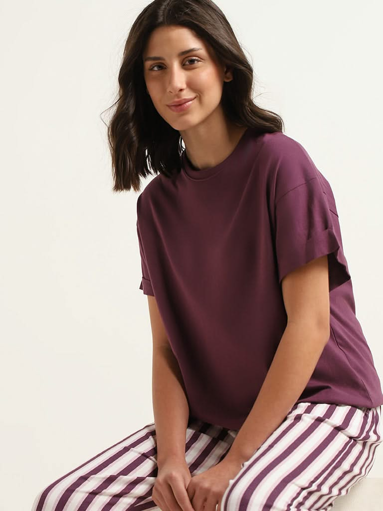 Wunderlove Purple Cotton Relaxed-Fit T-Shirt