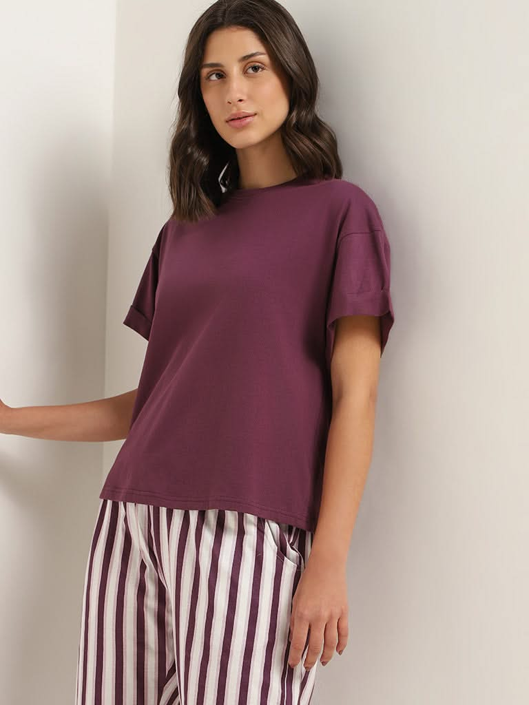 Wunderlove Purple Cotton Relaxed-Fit T-Shirt