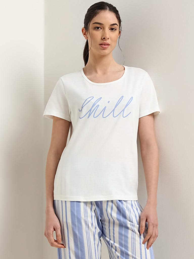 Wunderlove White Contrast Print Cotton T-Shirt