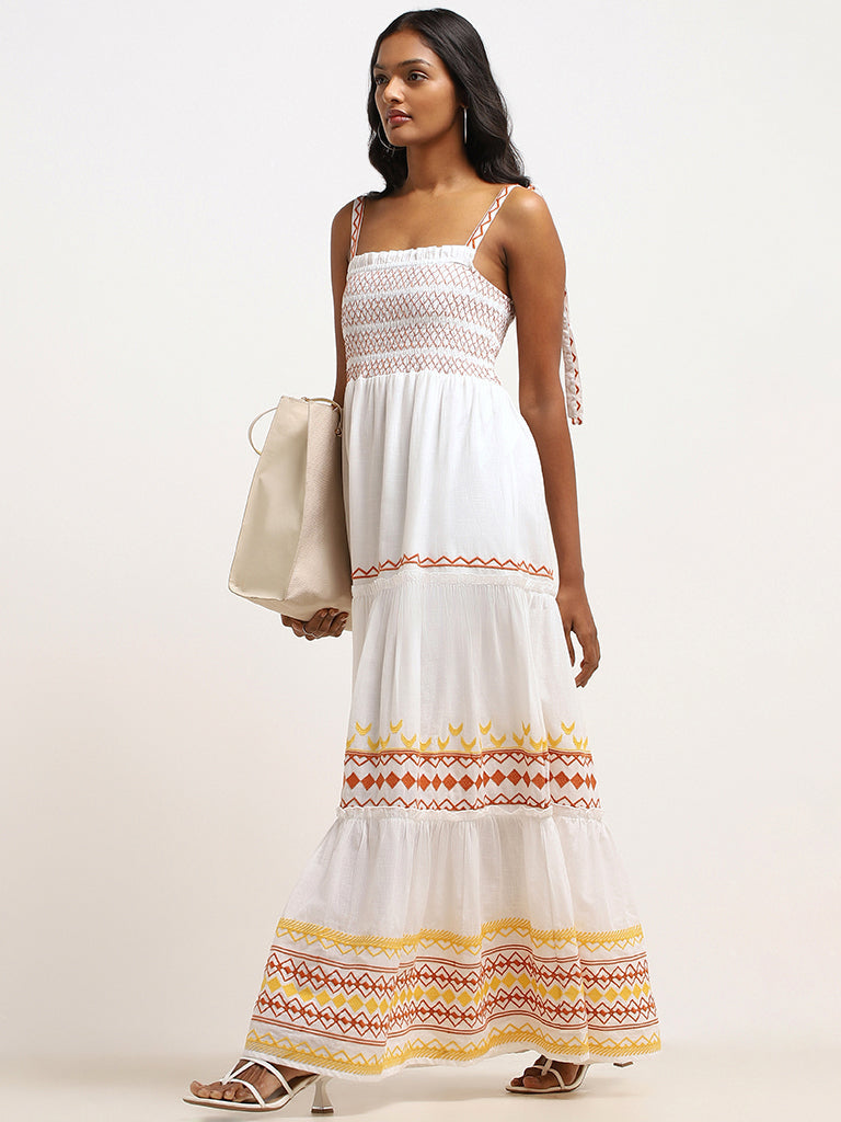 LOV White Embroidered Cotton Tiered Maxi Dress