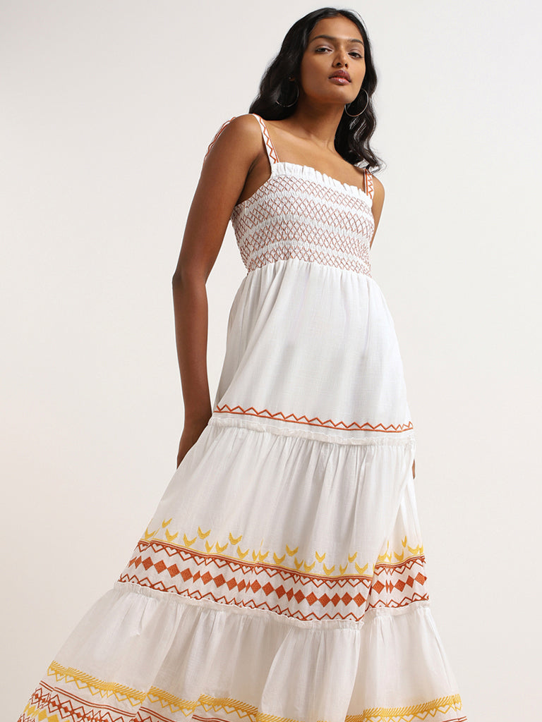 LOV White Embroidered Cotton Tiered Maxi Dress