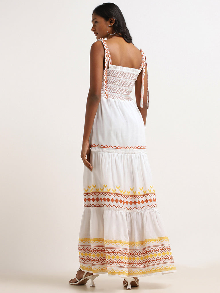 LOV White Embroidered Cotton Tiered Maxi Dress