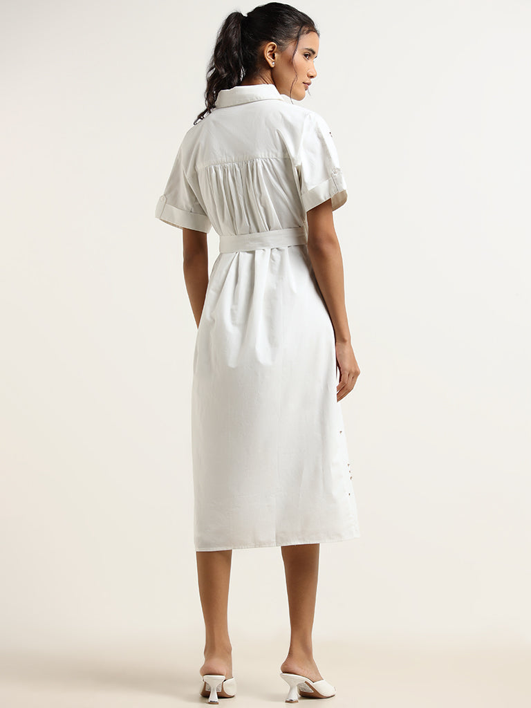 LOV White Rhinestone Embellished Cotton Shirt Dress with Belt