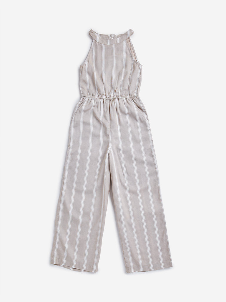 Y&F Kids Beige Striped Halter-Neck Jumpsuit