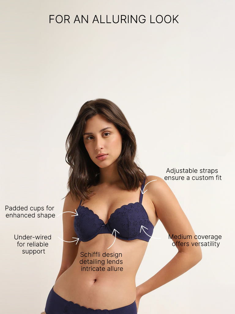 Wunderlove Navy Broiderie Wired Bra