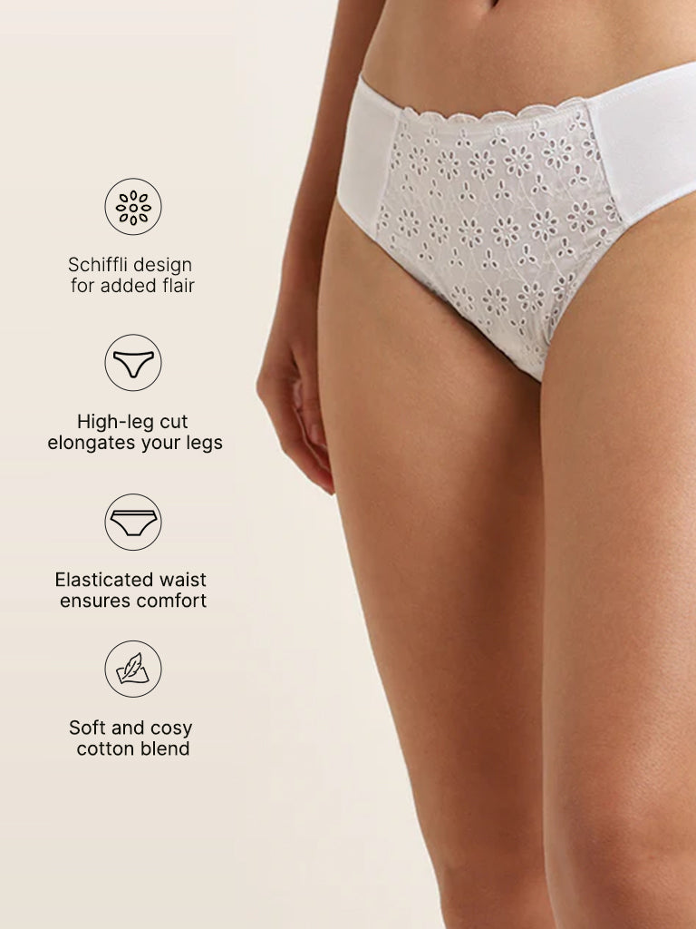 Wunderlove White Broiderie Cotton Blend High-Leg Brief