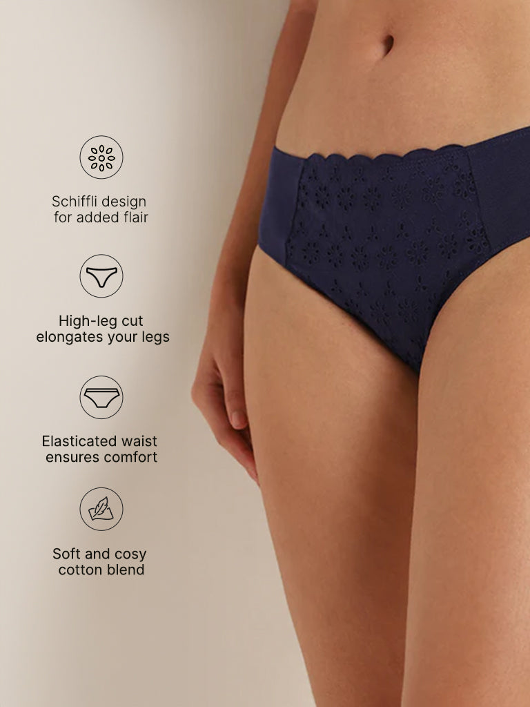 Wunderlove Navy Broiderie Cotton Blend High-Leg Brief