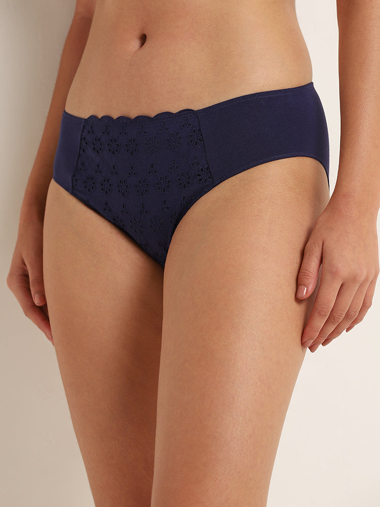 Wunderlove Navy Broiderie Cotton Blend High-Leg Brief