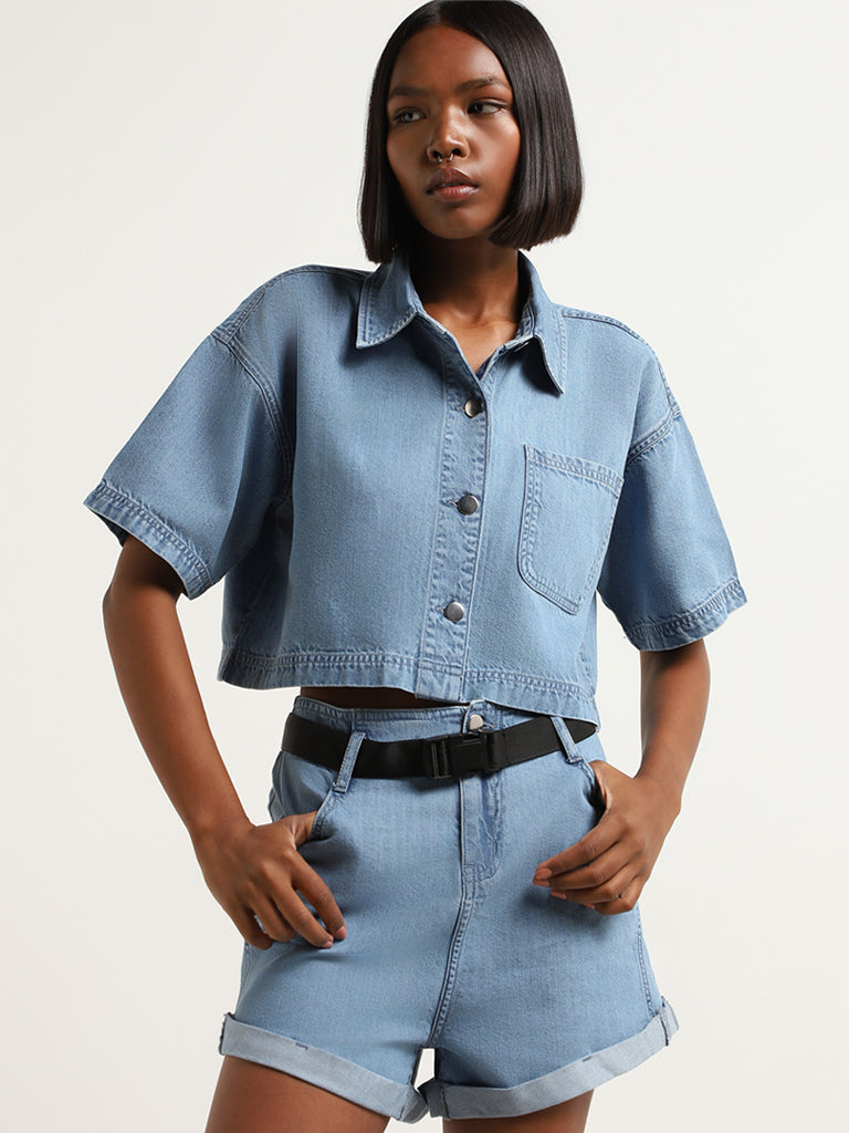 Nuon Blue Button Up Denim Crop Shirt