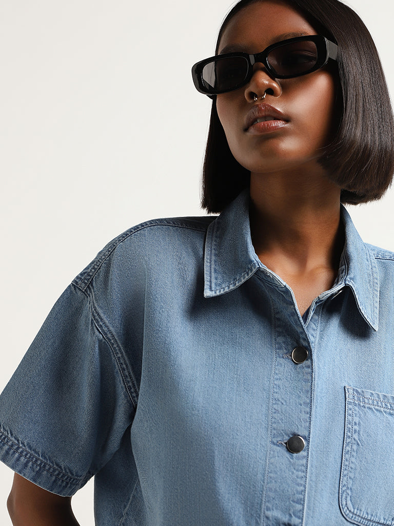 Nuon Blue Button Up Denim Crop Shirt