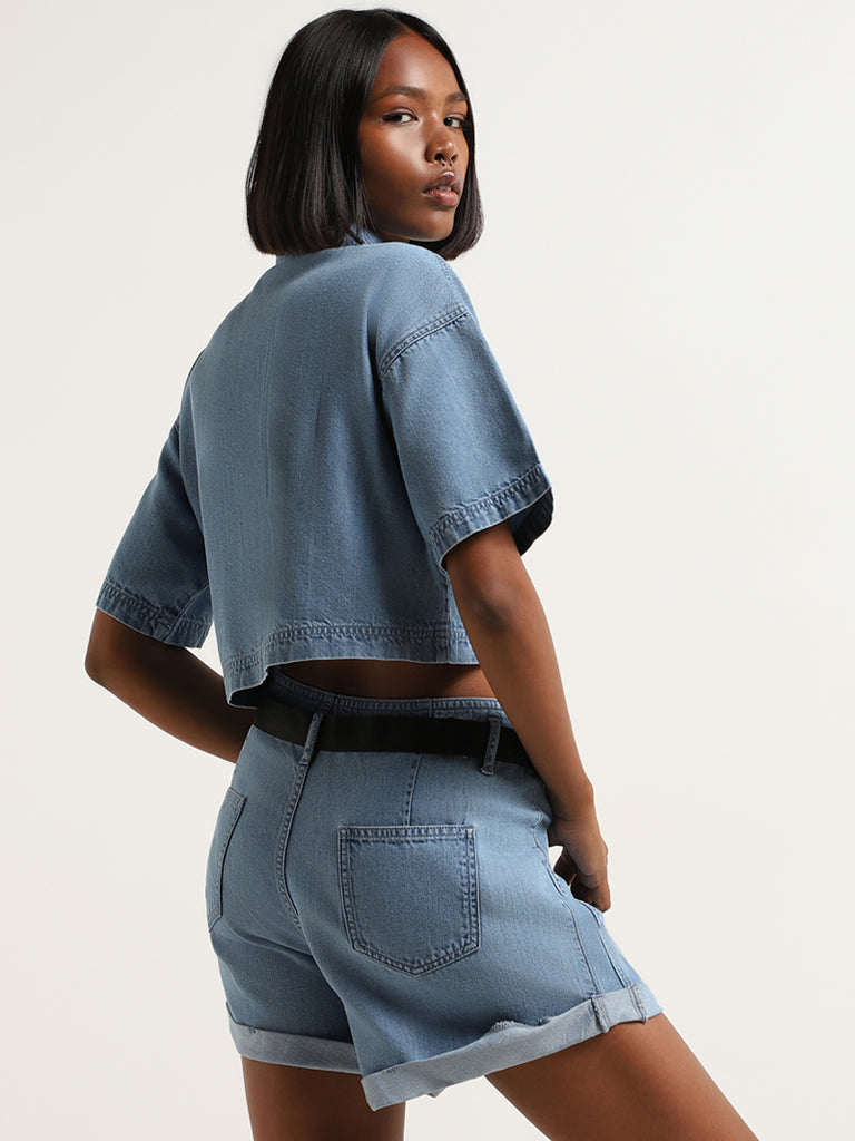 Nuon Blue Button Up Denim Crop Shirt