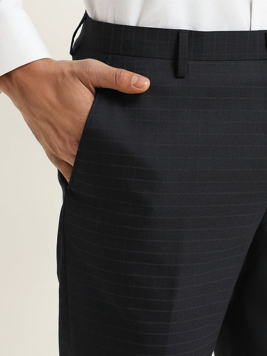 WES Formals Navy Checkered Slim Fit Trousers