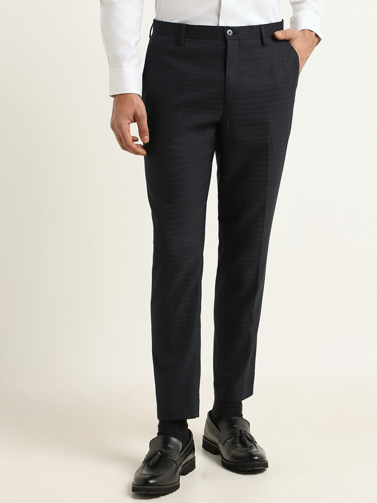 WES Formals Navy Checkered Slim Fit Trousers