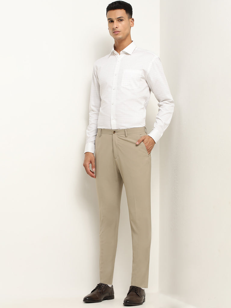 WES Formals Beige Mid Rise Slim Tapered Fit Trousers