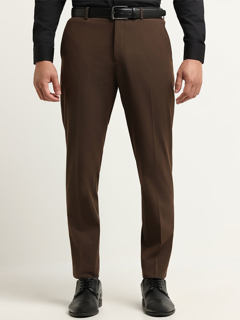 WES Formals Dark Brown Mid Rise Slim Tapered Fit Trousers