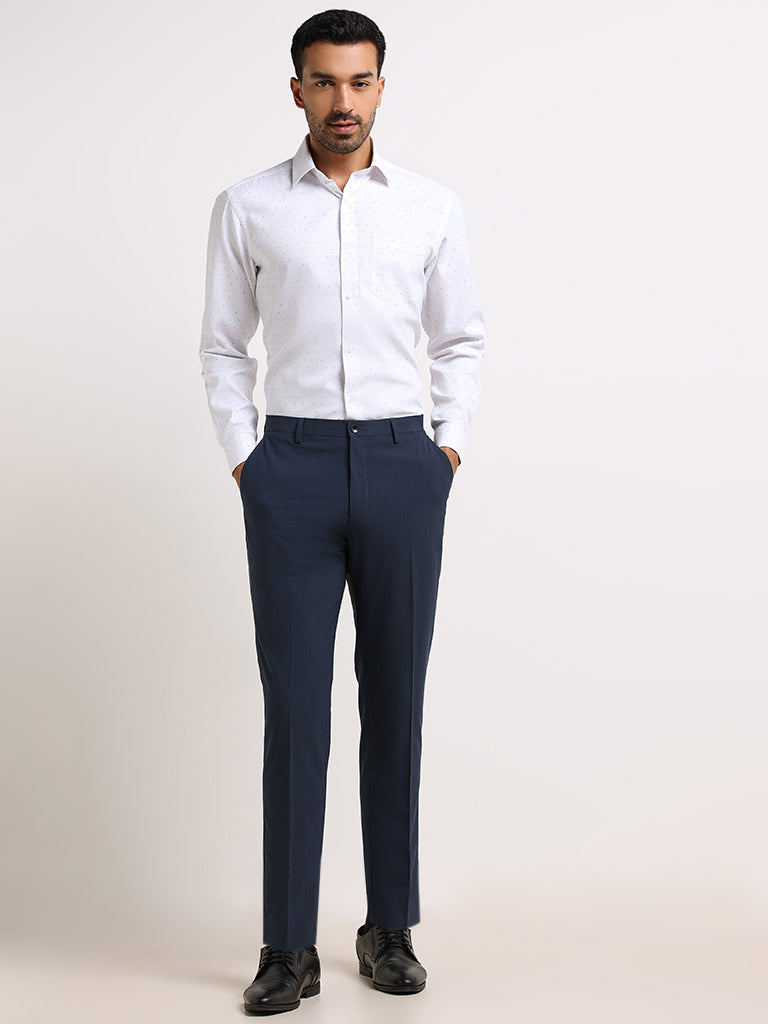 WES Formals Blue Mid Rise Slim Tapered Fit Trousers