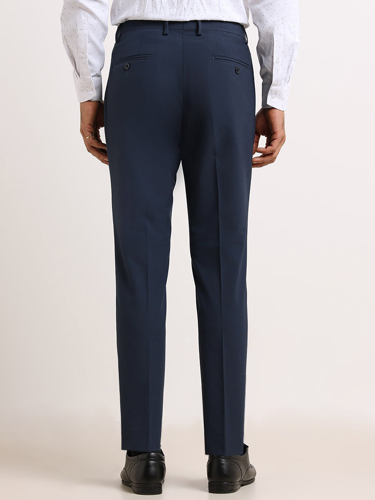 WES Formals Blue Mid Rise Slim Tapered Fit Trousers