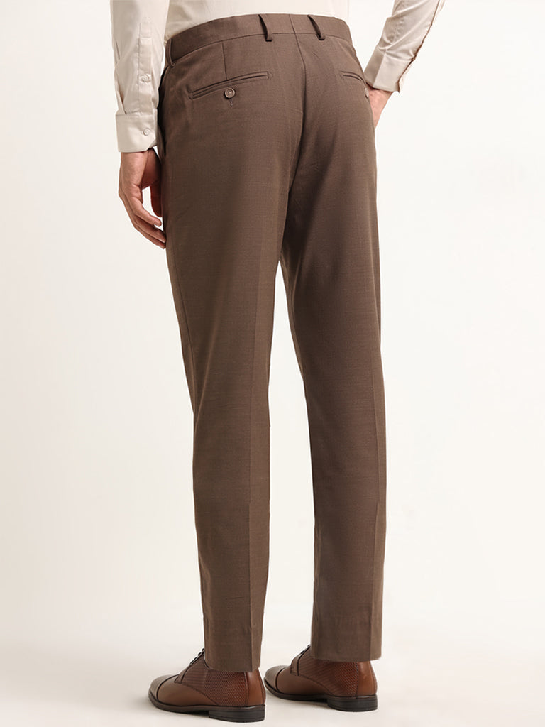 WES Formals Dark Brown Mid Rise Slim Fit Trousers