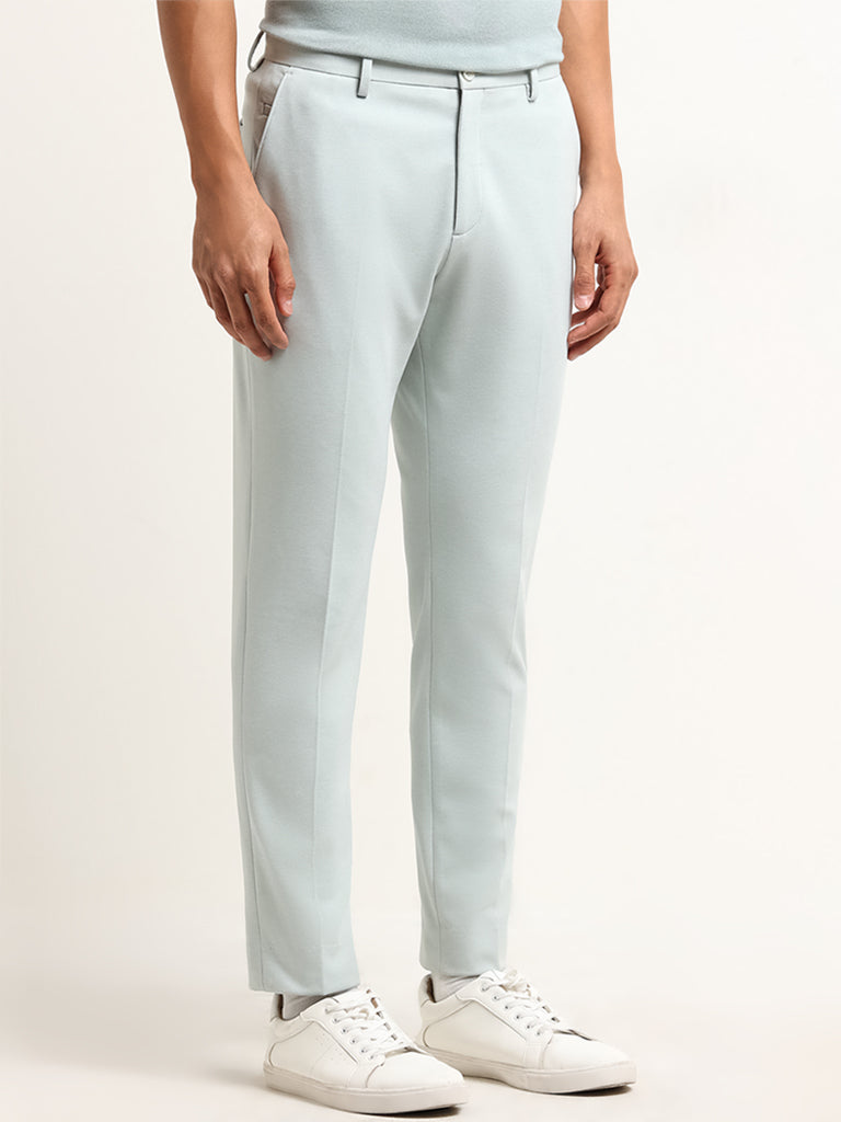 WES Formals Mint Blue Mid Rise Slim Tapered Fit Trousers