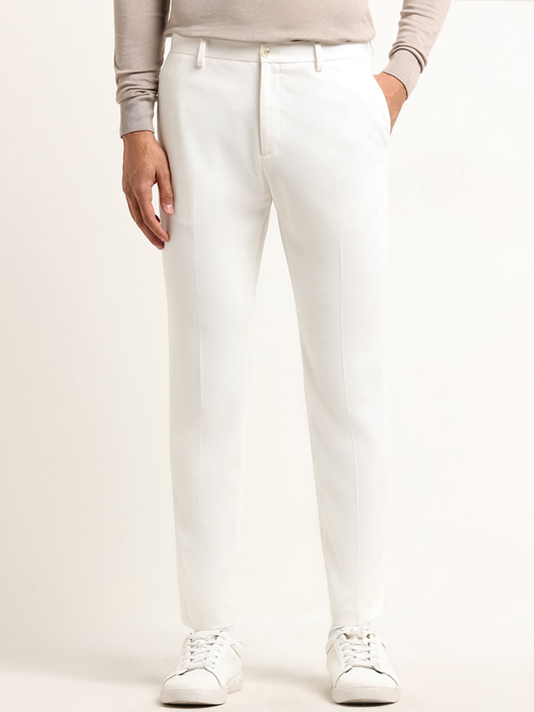 WES Formals Off-White Mid Rise Slim Tapered Fit Trousers