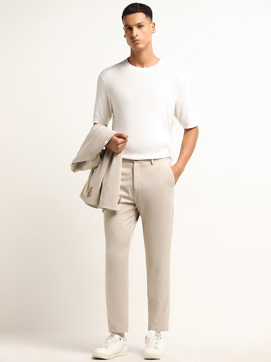 WES Formals Beige Mid Rise Slim Tapered Fit Trousers