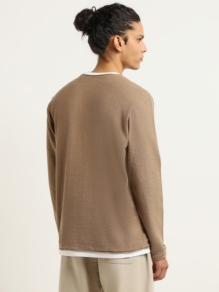 ETA Taupe Ribbed Textured Slim Fit T-Shirt