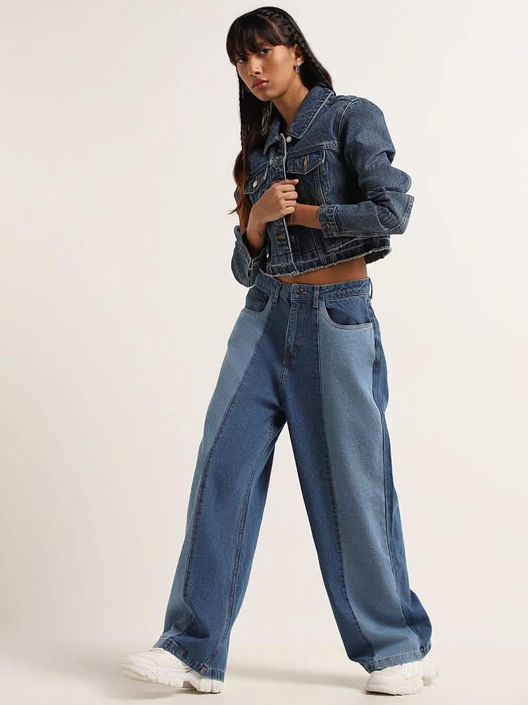 Nuon Blue Two Toned Relaxed Fit Mid Rise Jeans