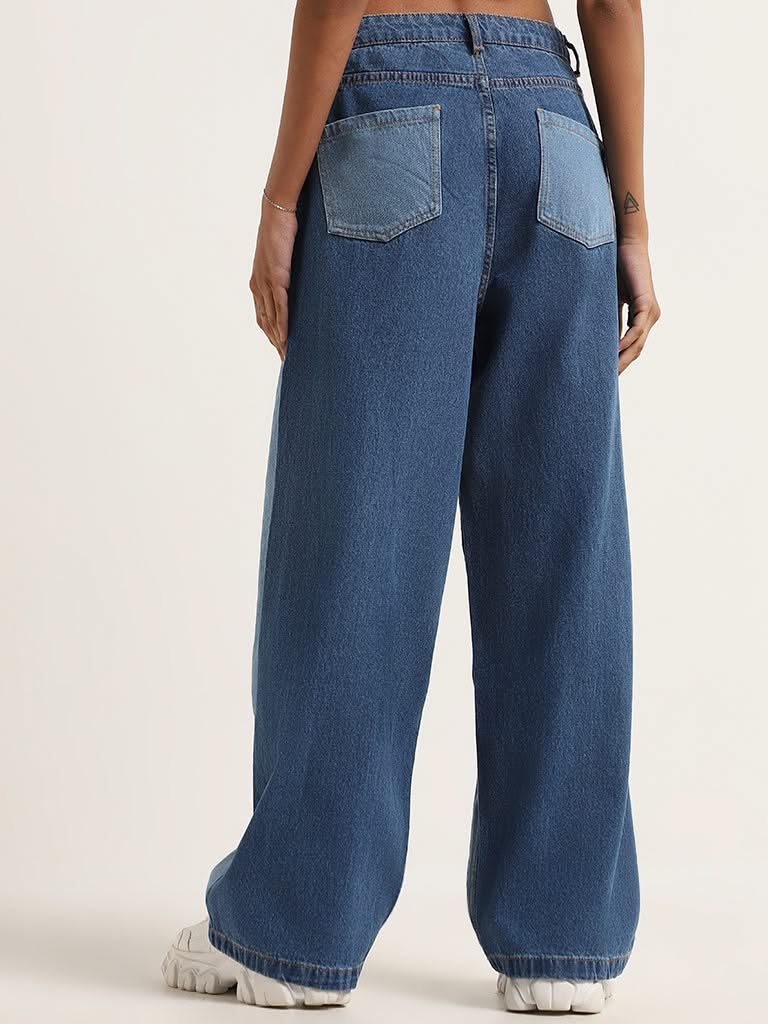 Nuon Blue Two Toned Relaxed Fit Mid Rise Jeans