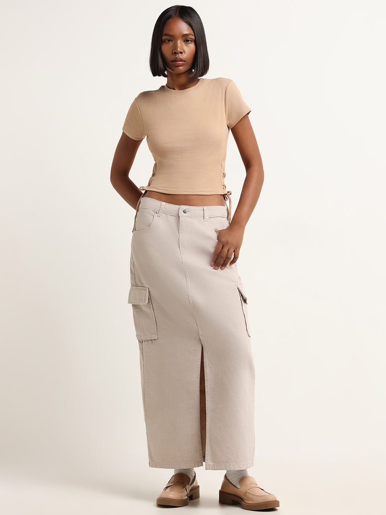 Nuon Beige Mid-Rise Denim Skirt