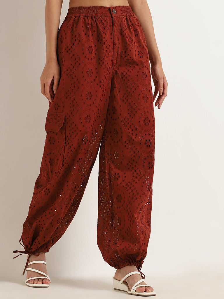 LOV Brown Cotton Schiffli Bohemian Pants