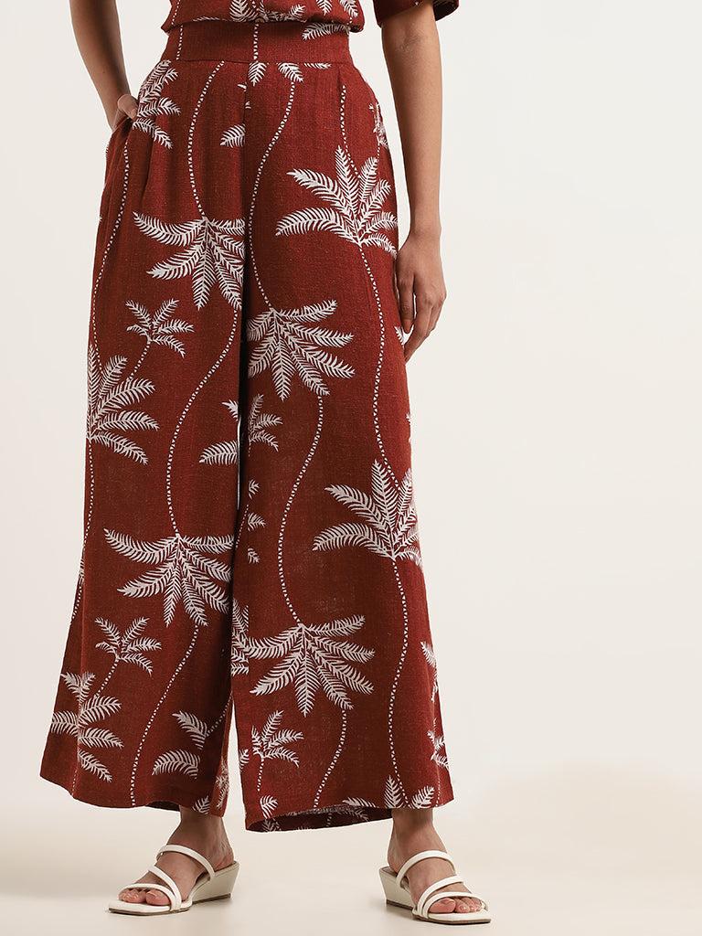 LOV Rust Blended Linen Wide Leg Trousers