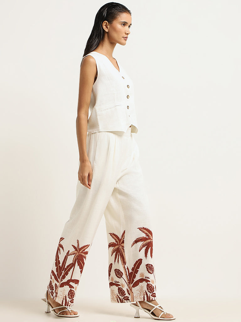 LOV Off-White Printed Blended Linen Trousers