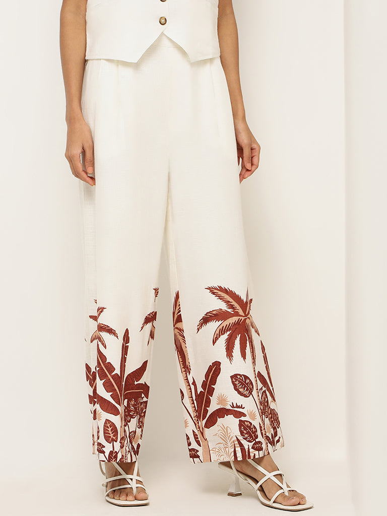 LOV Off-White Printed Blended Linen Trousers