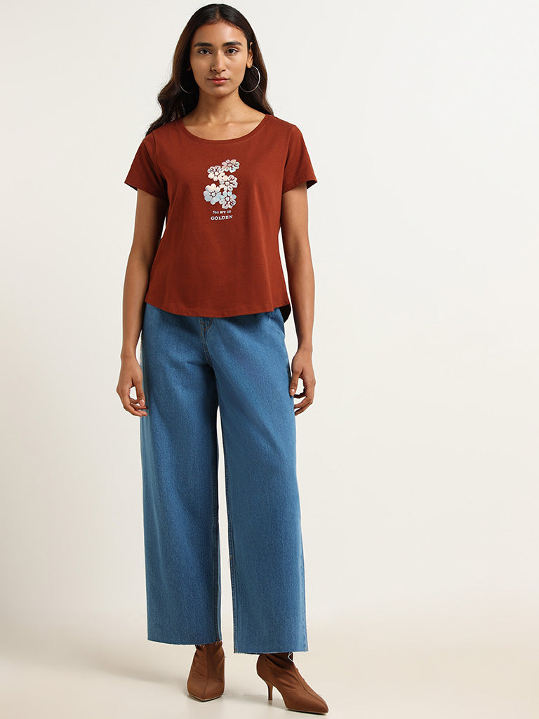 LOV Brown Printed Cotton T-Shirt