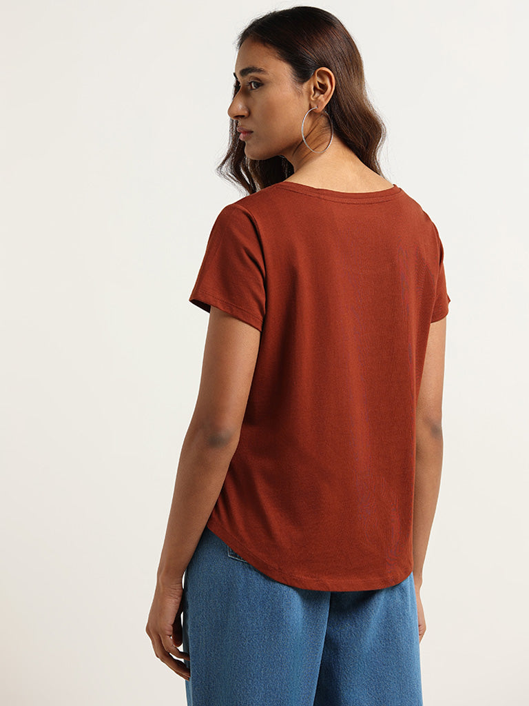 LOV Brown Printed Cotton T-Shirt