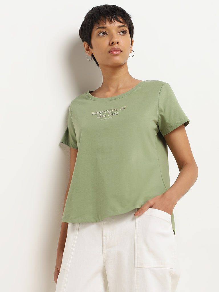 LOV Green Typography Printed Cotton T-Shirt