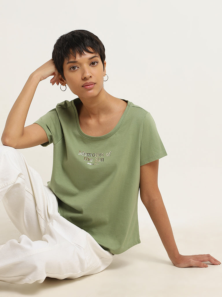 LOV Green Typography Printed Cotton T-Shirt