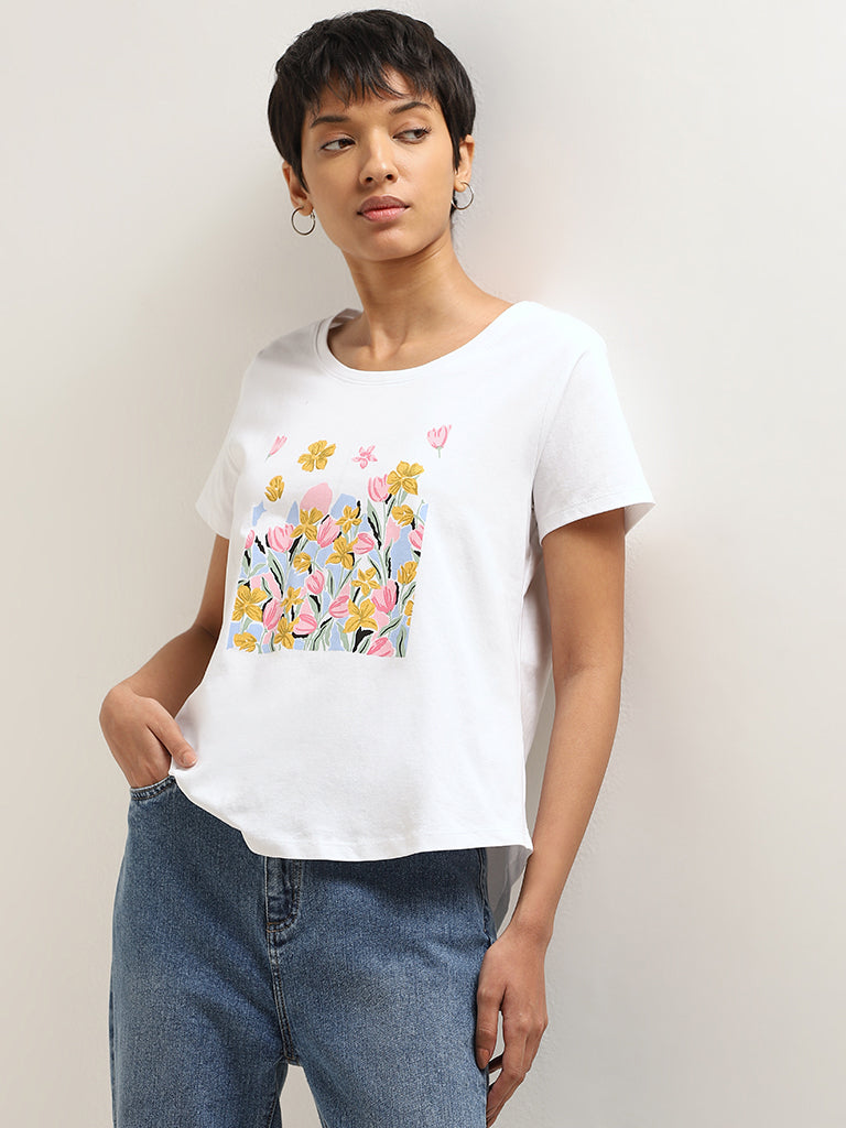 LOV White Floral Printed Cotton T-Shirt