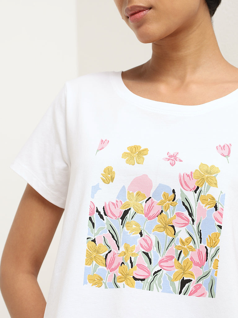 LOV White Floral Printed Cotton T-Shirt